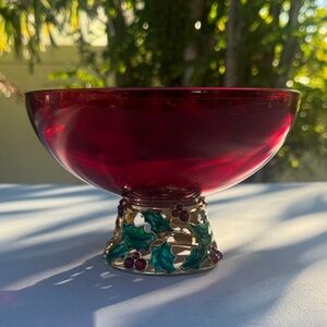 Teleflora Red Glass Christmas Bowl w Enameled Metal Festive Holly Base